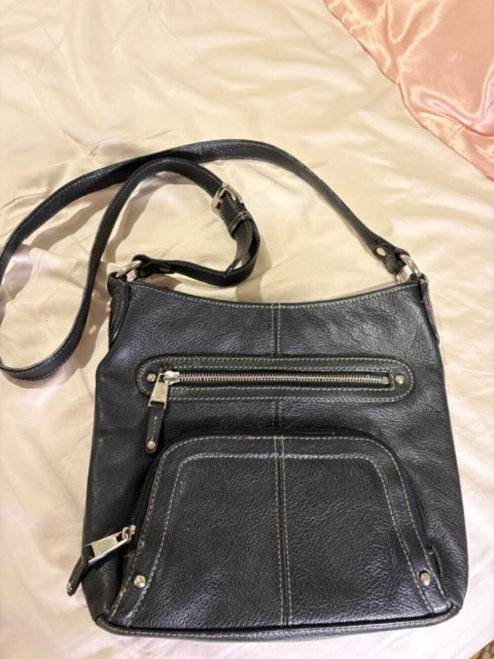 Tignanello Black Pebbled Leather Crossbody Organizer Bag Silver Hardware